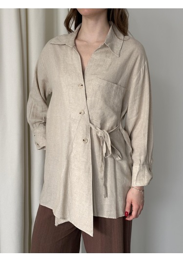 Natural %100 Pamuk Çapraz Düğmeli Beli Kemerli Gömlek Natürel