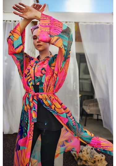 Remsa Tesettür Mayo Üzerine Tek Kaftan Kimono Pareo Pembe02 Rp023 Color Shell Pembe