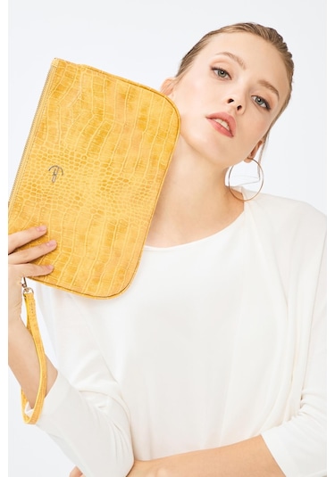 Deri Company Kadın Basic Clutch Çanta Kroko Timsah Desen Hardal 214002 Hardal