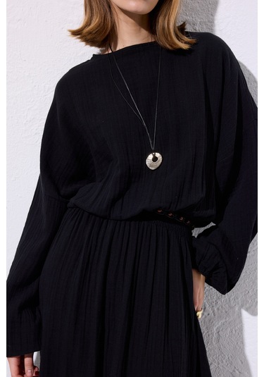 Müslin Beli Büzgülü Elbise Siyah Siyah