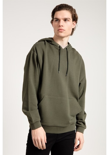 Jahr Marc Haki Oversized Önü Cepli Kapüşonlu Erkek Sweatshirt Haki