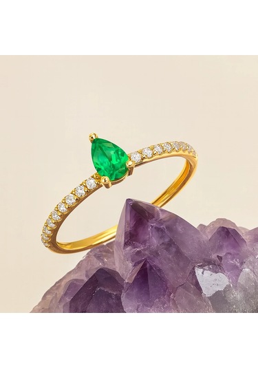 14 Ayar Altın Yeşil Zümrüt Taşlı Minimal Yüzük 14 Ayar Altın