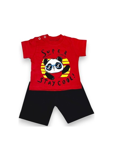 Ayıcık Desenli Erkek Bebek Şortlu Takım Kırmızı