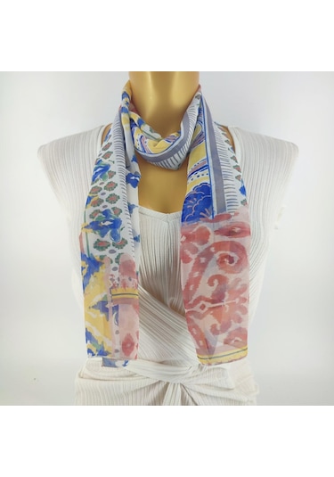 Tedz Collection Paredora Etnik Desenli Acem Mavi Pembe Uzun Fular Çok Renkli