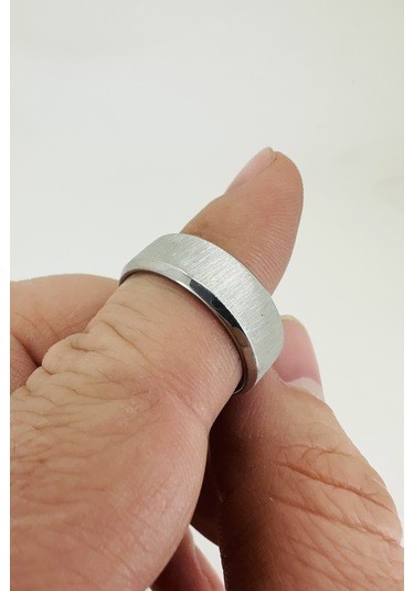 Takı Dükkanı Kişiye Özel İsim Yazılı Köşeli 8mm Mat Fırçalanmış Düz Unisex Çelik Yüzük Alyans Cl48y Beyaz