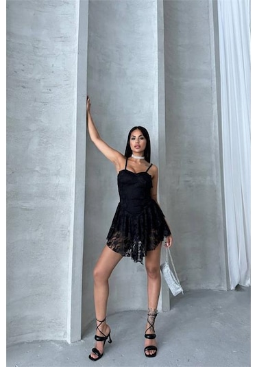 Dip Moda Kadın İçi Şortlu Prenses Mini Elbise Dpnbdf060 Siyah