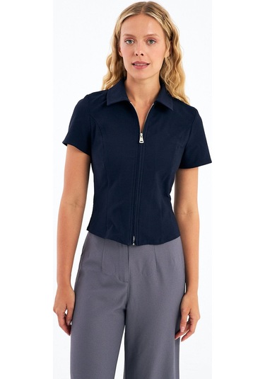 Stella Pulvis Lacivert Fermuarlı Slim Fit Kuplu Bluz