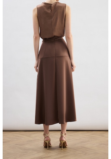 Sateen Yüksek Bel Saten Etek - Kahve-136782 Kahve