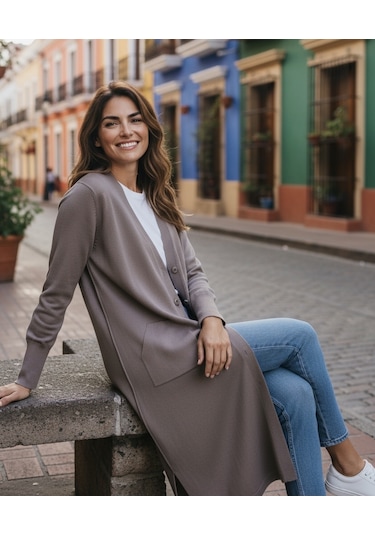 Kadın Önü Düğmeli V Yaka Cepli Mevsimlik Hırka Vizon