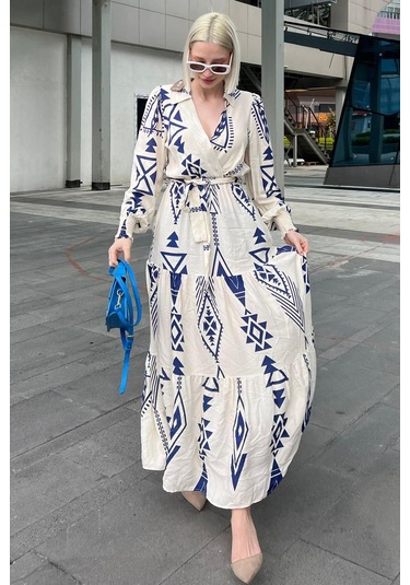 Madmext Beyaz Desenli Kruvaze Yaka Uzun Kadın Elbise Mg2052-beyaz