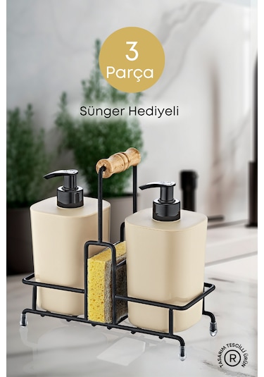 Metal Standlı Bej Begonya Çamaşır Suyu Ve Sıvı Sabunluk Banyo Se