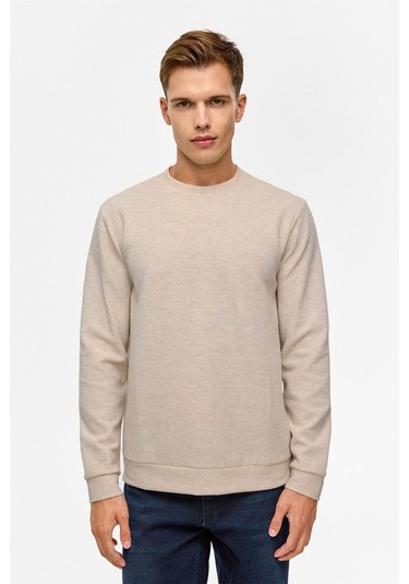 Süvari Bol Kesim O Yaka Melanj Desenli Waffle Sweatshirt Kahve