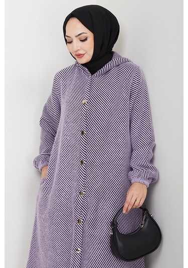 Çizgi Detay Kapüşonlu Kaşe Kap 1634 - Lila Lila