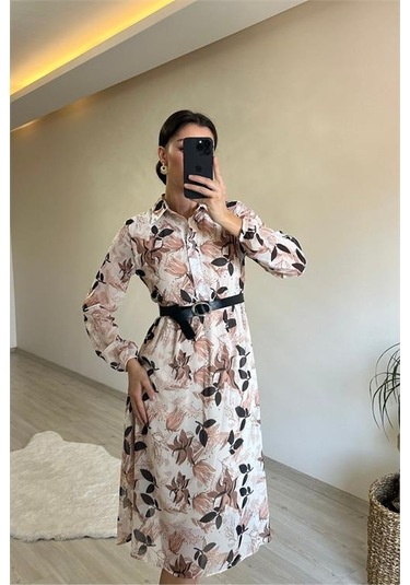 Neşeli Butik Kadın Desenli Gömlek Yaka Midi Elbise Nm011 Bej