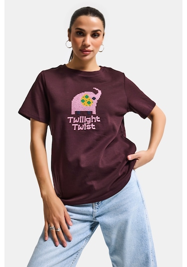 Itsbasic Kadın Kahve Bordo Renk W5 Nakış Detaylı Oversize Tasarım T-shirt
