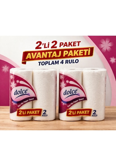 Dolce Çift Katlı Kağıt Havlu 2'li Rulo 2 Paket Yüksek Emicili Çok Amaçlı Kağıt Havlu