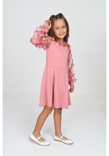 Tül Detaylı Siyah Elbise 2 Pembe