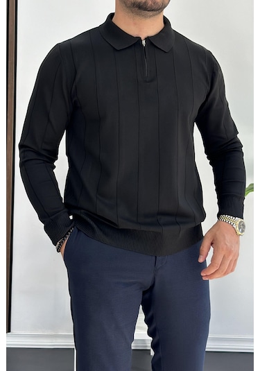 Erkek Yarım Fermuarlı Polo Yaka Mevsimlik Kazak Siyah Edw195 Siyah