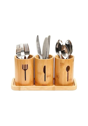 Bambu Kaşıklık 3 Bölmeli Tezgazüstü Kaşıklık