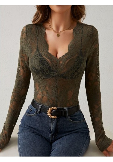 Kadın Sonbahar Ve Kış Yeni Seksi Tek Katmanlı Çiçekli Dantel Kenarlı Süsleme İçlik Küçük Gömlek Üstler Zeytin Yeşili