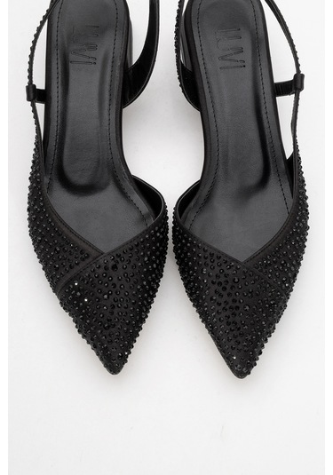 Sella Siyah Saten Taşlı Kadın Kısa Topuklu Ayakkkabı Siyah