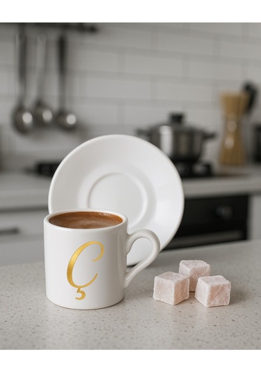 Türk Kahvesi Fincanı Harf, Espresso Fincanı Harf Beyaz - Altın10