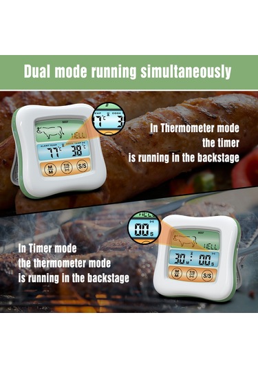 Lemestar Isı Ölçer, 2.6" Renkli Dokunmatik Ekran, Zamanlayıcı, Su Geçirmez Prob, Fırın Ve Mutfak Gıda Sıcaklığı Ölçümü, Beyaz-yeşil Çok Renkli