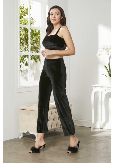 Pierre Cardin 2050 Dantelli Kadife Saten 3'lü Croplu Pijama Takımı 001