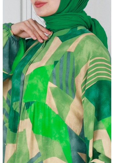 Yarasa Kol Cam Kırığı Viskon Elbise-yeşil-3806 - Yeşil