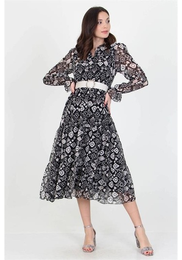 Neşeli Butik Kadın Kemerli Yakası Bağlama Detaylı Desenli Şifon Elbise Rssn02 Siyah