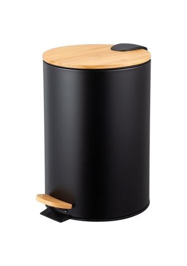 Bambu Kapaklı Pedallı Metal Çöp Kovası - 12 Lt. - Siyah Siyah
