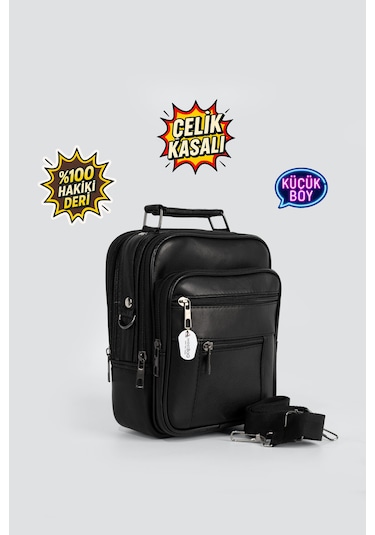 Westbag Erkek Çelik Kasalı Hakiki Deri El Ve Omuz Çantası Ayarlanabilir Askılı Küçük Boy Siyah