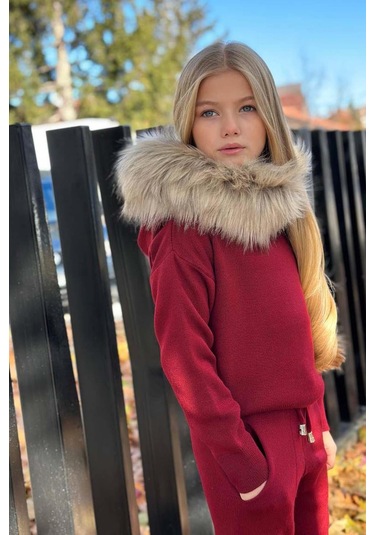 Riccotarz Kız Çocuk Yakası Çıkarılabilir Kürklü Kazak Çift Cepli Triko Bordo Alt Üst Takım Bordo