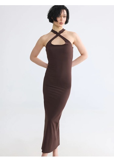 LC Waikiki Kahverengi Halter Yaka Bodycon Elbise