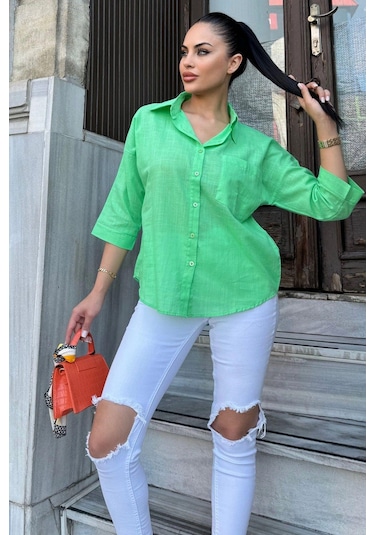Kadın Yeşil Truvakar Kol, Oval Kesim, Terletmez, Flamlı Keten Salaş Gömlek Yeşil