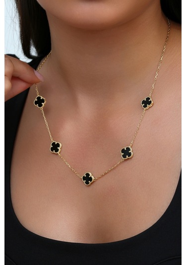 14k Altın Kaplamalı 925 Ayar Gümüş Granada Saray Yoncaları Kolye - Siyah Oniks 23182802 Altın