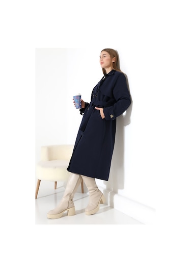 Amazon Keten Kumaş Diz Altı Yumuşak Dokulu Düğmeli Astarlı Trenç Kot Lacivert Lacivert