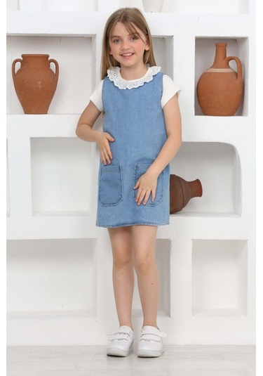 Kız Çocuk 2'li Jean Elbise Çift Cepli Jean Elbise+bluz 12203 Mavi