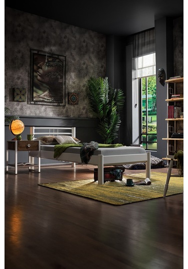 Asos-s Tek Kişilik Ferforje Metal Karyola-beyaz Ahşap Latalı