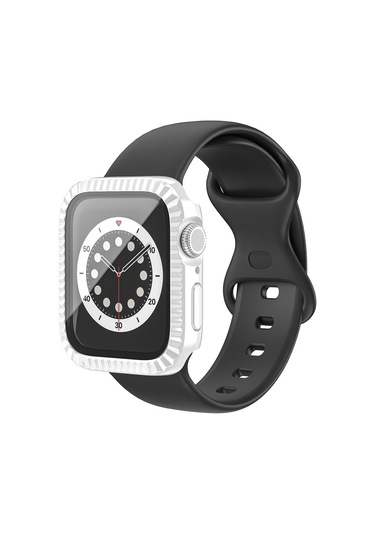 Apple Watch Series 1 / 2 / 3 42 Mm Dokulu Saat Kılıfı Temperli Cam Ekran Koruyuculu Darbeye Dayanıklı Kılıf - Beyaz