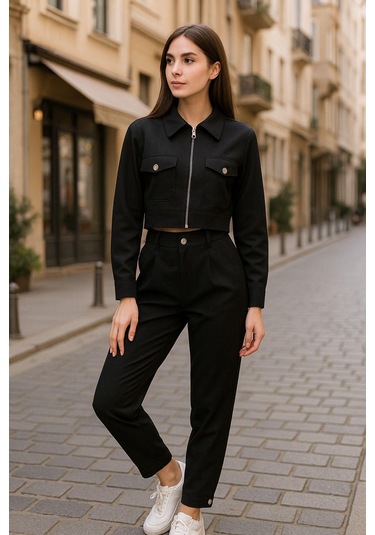 Siyah Gömlek Yaka Fermuarlı Kadın Alt Üst Takım Şık Ve Rahat Günlük Kombin Çok Renkli