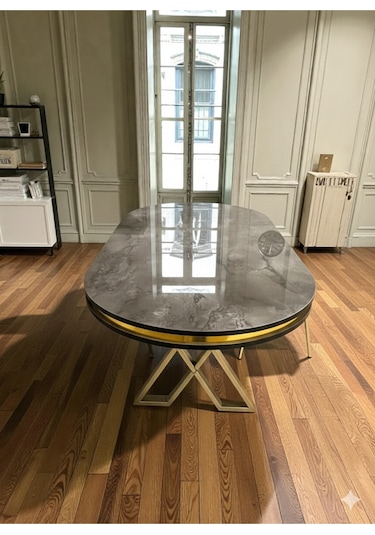 Msy Home İroni Gold/krom Detaylı Lake Panel 90 170 Cm Oval Masa Siyah