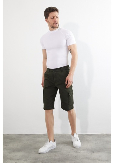 Erkek Lacivert Renk Kargo Yandan Cepli Esnek Kumaş Slim Fit Kapri Şort Haki