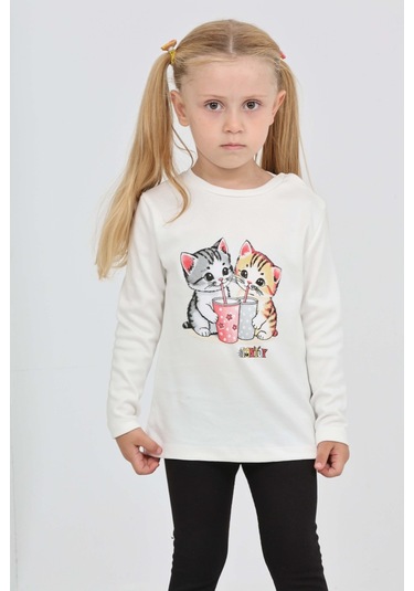 Toontoy Kız Çocuk İkili Kedi Baskılı Sweatshirt Ekru