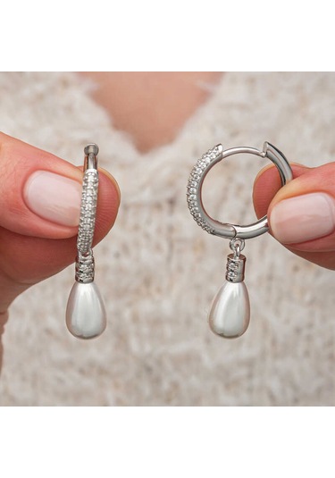 Artsmagazinmücevher Gümüş Zirkon Taşlı Sallantılı Damla İnci Küpe