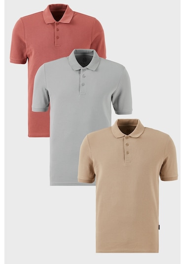 Buratti Pamuklu Regular Fit Düğmeli Polo Yaka 3'Lü Paket Erkek T Shirt 5902127S3 Gül-Vizon-Kül