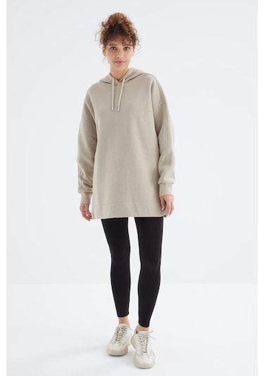 Tommy Life Koyu Bej Reglan Kol Basic Kapüşonlu Oversize Sweatshirt Tunik - 97242 Koyu Bej