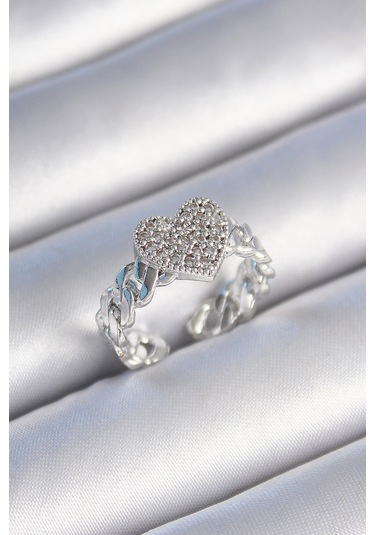 Gümüş Renk Zincir Kordon Zirkon Taşlı Kalp Model Kadın Yüzük - Ebj241214w29799 Bakır