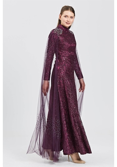 Mürdüm Omuzda Etek Ucuna Uzanan Tül Üzeri Taş Kombinli Dantelli A Mürdüm