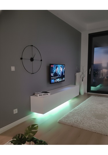 Mac Dizayn Knidos Tv Ünitesi 240 Cm 3 Kapaklı, Mat Beyaz, Led Aydınlatmalı Mat Beyaz